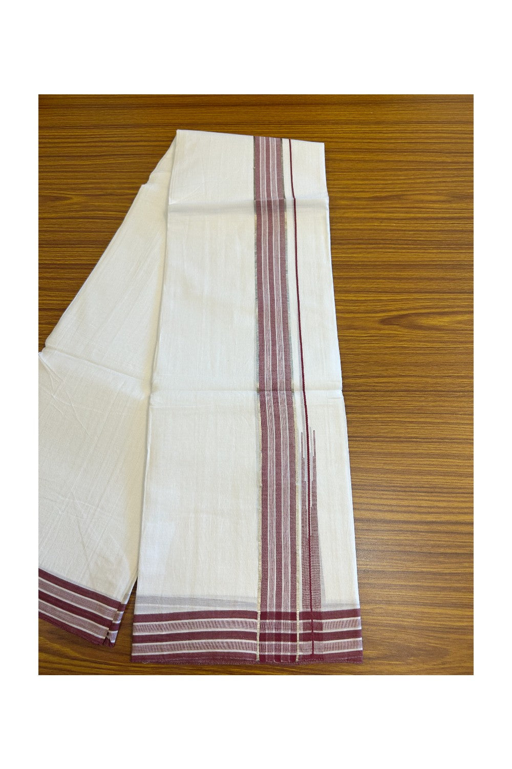 20% DISCOUNT!! Kaitharikada Balaramapuram 100% Cotton PURE WHITE Double Mundu/Dothi - 80X90 - 1.75 Inch Silver Kasav Maroon Stripes Chutty Kara 3.70 m (8 Muzham) - 62KK5115THI