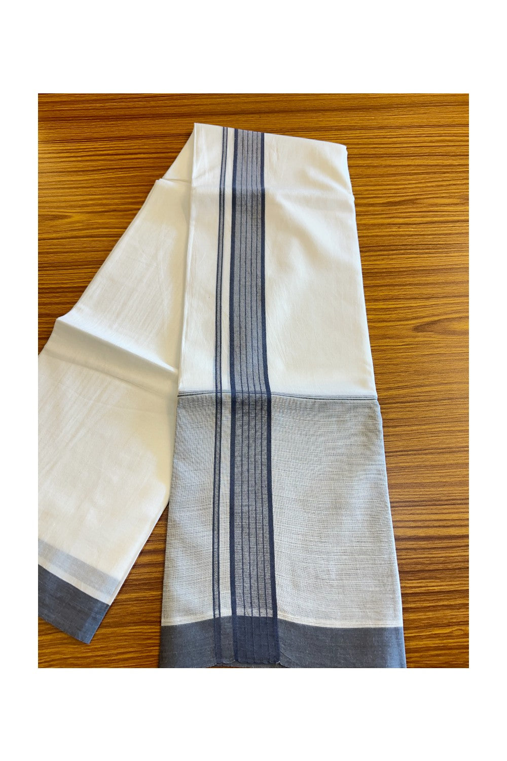 15% DISCOUNT!! Kaitharikada Balaramapuram 100% Cotton Ultra WHITE Double Mundu/Dothi-100x100 GRAY SHADED Cotton Kara 3.75m - 43KK74RAM