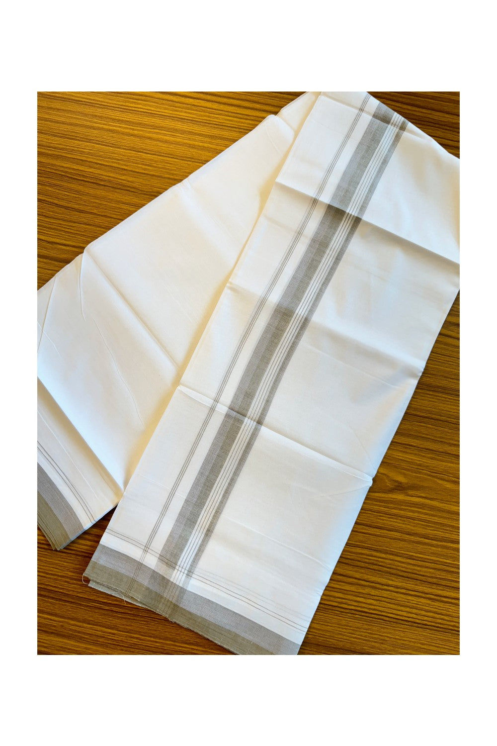 19% DISCOUNT!!! KaithariKada Balaramapuram 100% Cotton Double PURE white Mundu/Dhoti-100x100   2.25 Inch Olive green stripes & pale blue shaded  kara  - 43KK83VIN