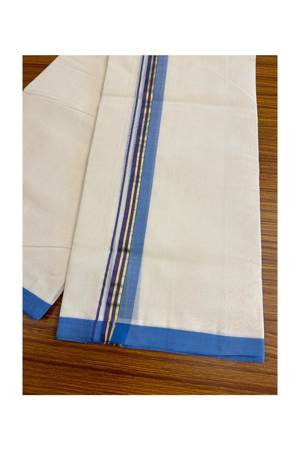 8% DISCOUNT!! KaithariKada HANDLOOM Millpaav Balaramapuram - 100% PURE Cotton OFF White - (Unbleached) Double Mundu/Dothi - 1.75 inch LIGHT BLUE & GOLD KASAVU VIOLET Stripes Kara - 43KK5029RAM