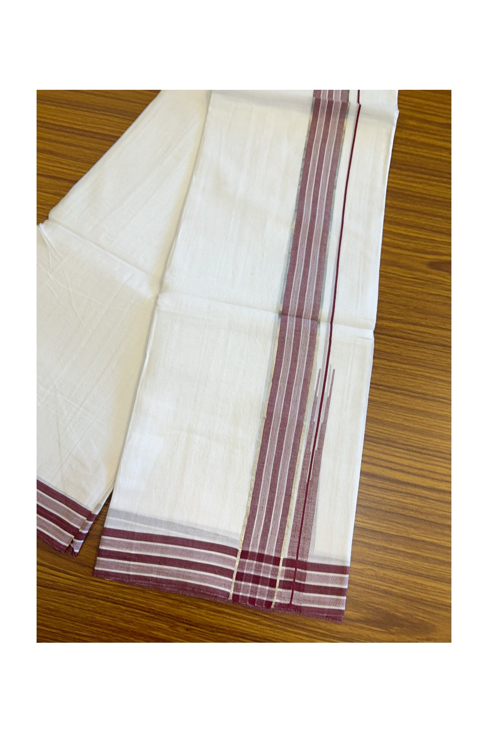 20% DISCOUNT!! Kaitharikada Balaramapuram 100% Cotton PURE WHITE Double Mundu/Dothi - 80X90 - 1.75 Inch Silver Kasav Maroon Stripes Chutty Kara 3.70 m (8 Muzham) - 62KK5115THI