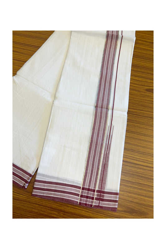 20% DISCOUNT!! Kaitharikada Balaramapuram 100% Cotton PURE WHITE Double Mundu/Dothi - 80X90 - 1.75 Inch Silver Kasav Maroon Stripes Chutty Kara 3.70 m (8 Muzham) - 62KK5115THI