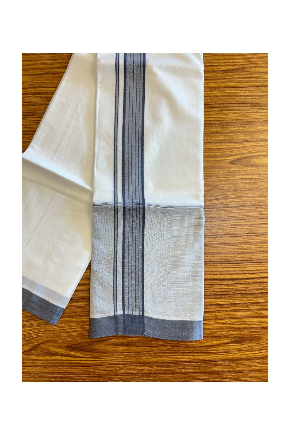 15% DISCOUNT!! Kaitharikada Balaramapuram 100% Cotton Ultra WHITE Double Mundu/Dothi-100x100 GRAY SHADED Cotton Kara 3.75m - 43KK74RAM