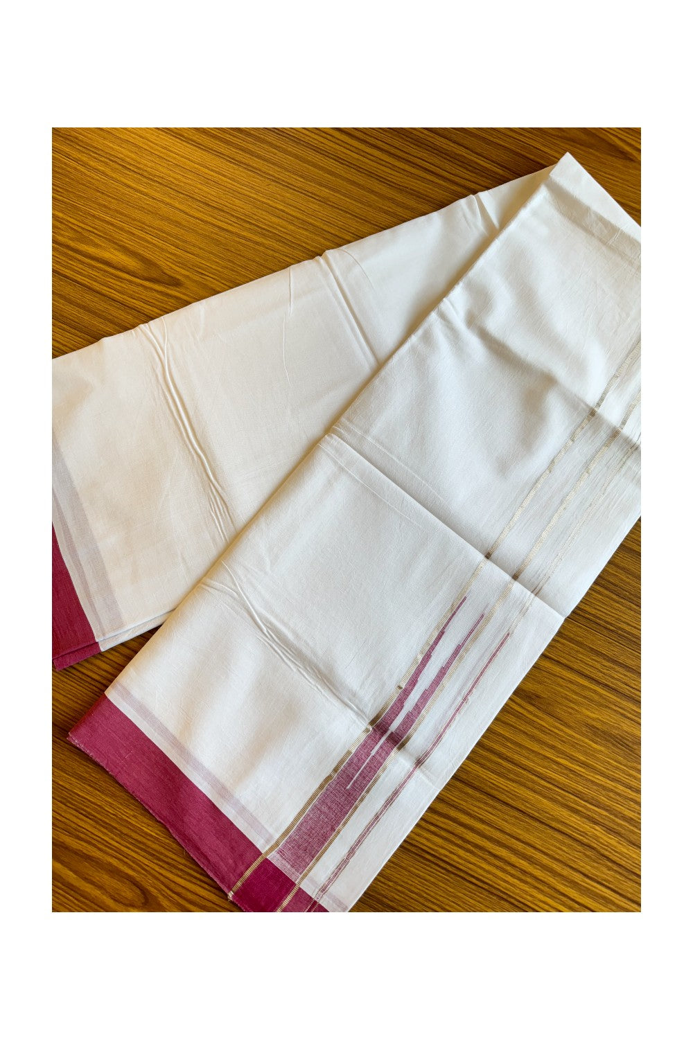 21% DISCOUNT!! Kaitharikada Balaramapuram 100% Cotton PURE WHITE Double Mundu/Dothi-100x100 Puliyilakkara CHUTTY 1.75 Inch Magenta & SILVER STRIPED Cotton Kara - 44KK424CEE