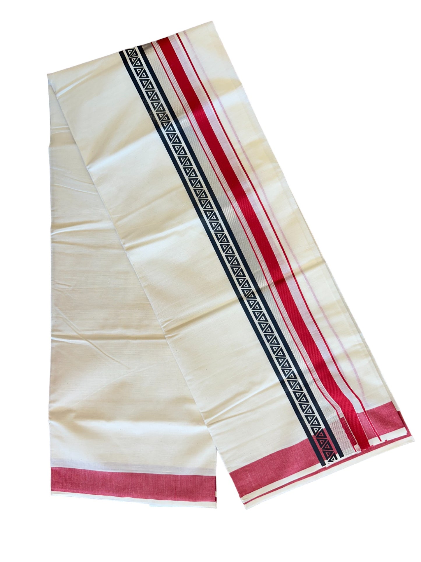 30% Discount !! KaithariKada Balaramapuram 100% Cotto0n Double Off white Mundu/Dhoti-80x72- 3.25 Inch Silver & Red Black pattern printed kara - 44KK416VIN