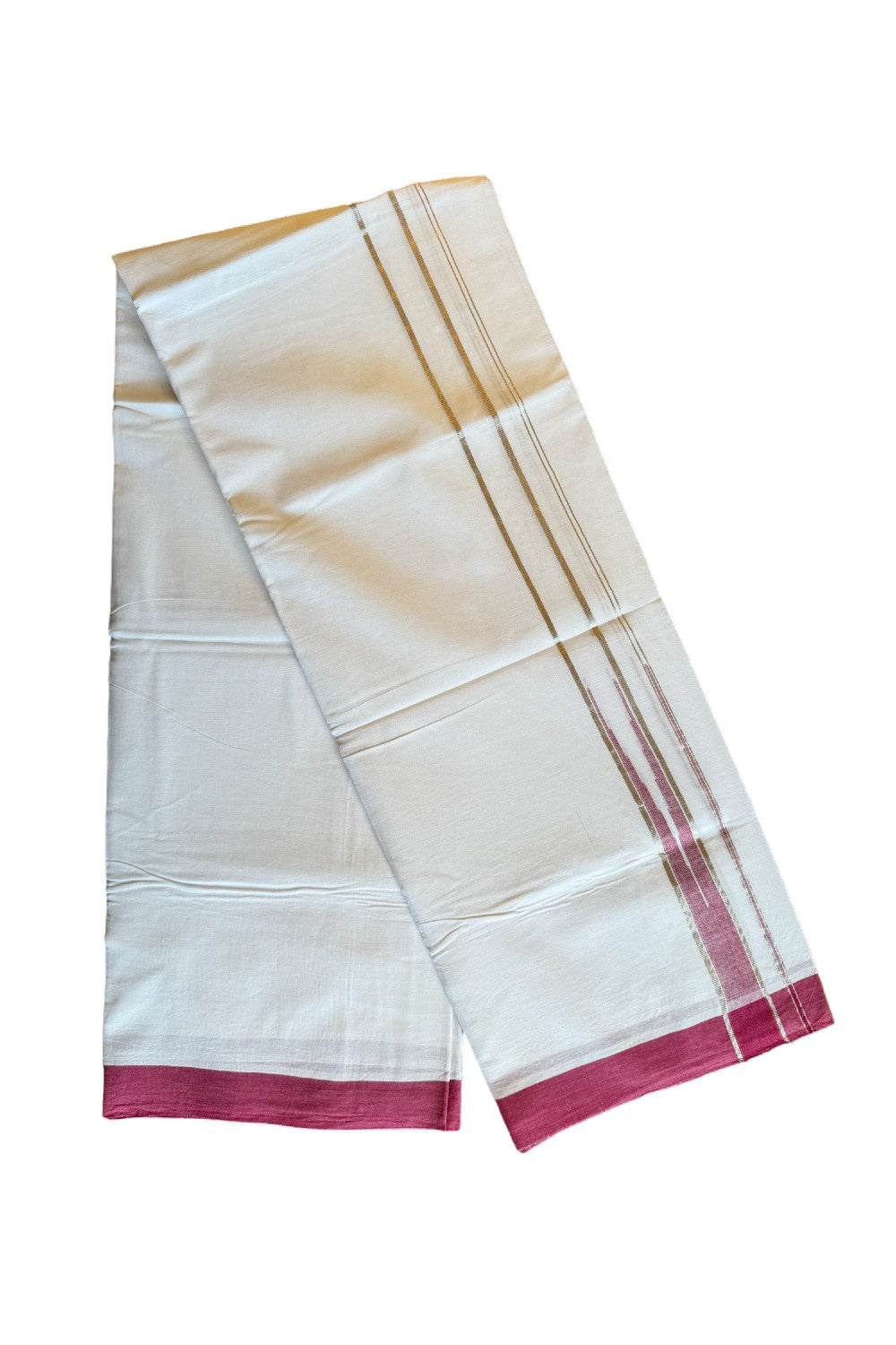 21% DISCOUNT!! Kaitharikada Balaramapuram 100% Cotton PURE WHITE Double Mundu/Dothi-100x100 Puliyilakkara CHUTTY 1.75 Inch Magenta & SILVER STRIPED Cotton Kara - 44KK424CEE