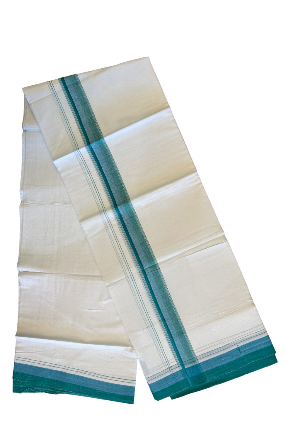 15% DISCOUNT!! Kaitharikada Balaramapuram 100% Cotton Ultra WHITE Double Mundu/Dothi-100x90  2 inch Green + Blue shaded stripes kara - 44KK430VAS