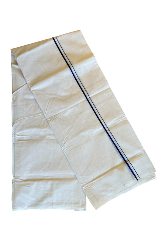 34% DISCOUNT! KaithariKada Balaramapuram 100% Cotton Double Off white Mundu/Dhoti- 100x100 0.5inch  Navy Blue Thin Kara- 44KK500KK