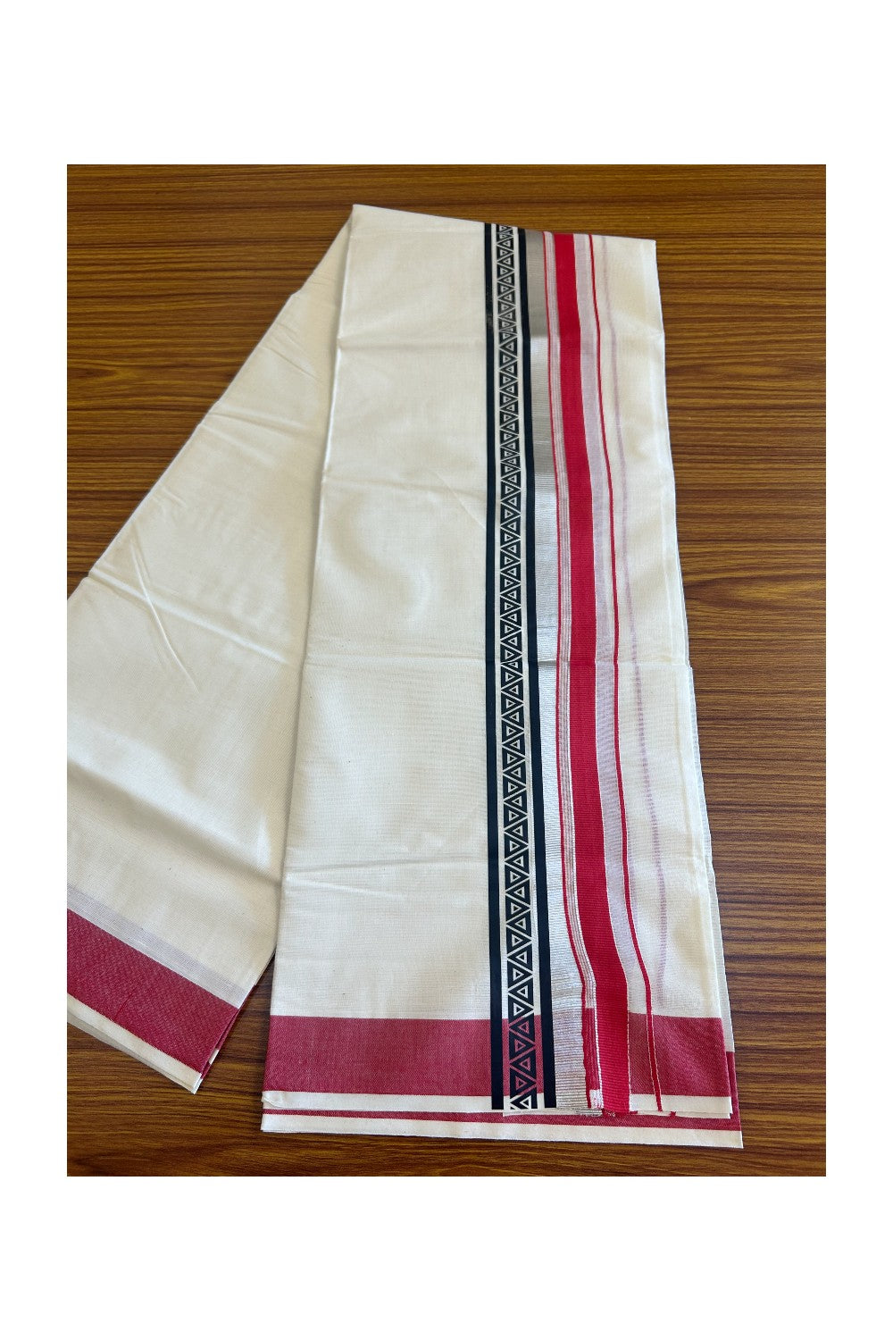 30% Discount !! KaithariKada Balaramapuram 100% Cotto0n Double Off white Mundu/Dhoti-80x72- 3.25 Inch Silver & Red Black pattern printed kara - 44KK416VIN