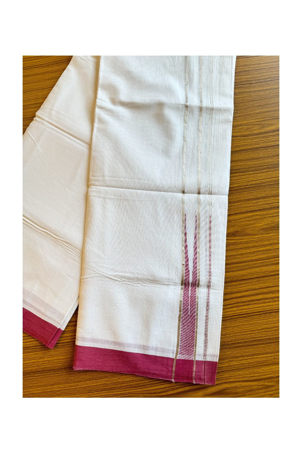 21% DISCOUNT!! Kaitharikada Balaramapuram 100% Cotton PURE WHITE Double Mundu/Dothi-100x100 Puliyilakkara CHUTTY 1.75 Inch Magenta & SILVER STRIPED Cotton Kara - 44KK424CEE