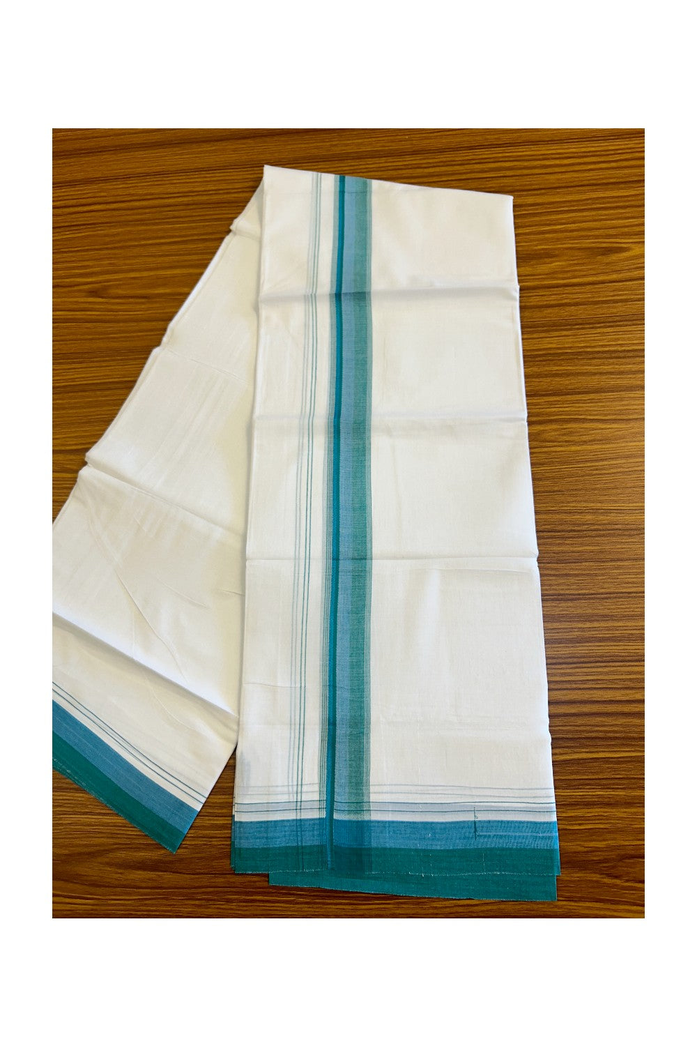 15% DISCOUNT!! Kaitharikada Balaramapuram 100% Cotton Ultra WHITE Double Mundu/Dothi-100x90  2 inch Green + Blue shaded stripes kara - 44KK430VAS