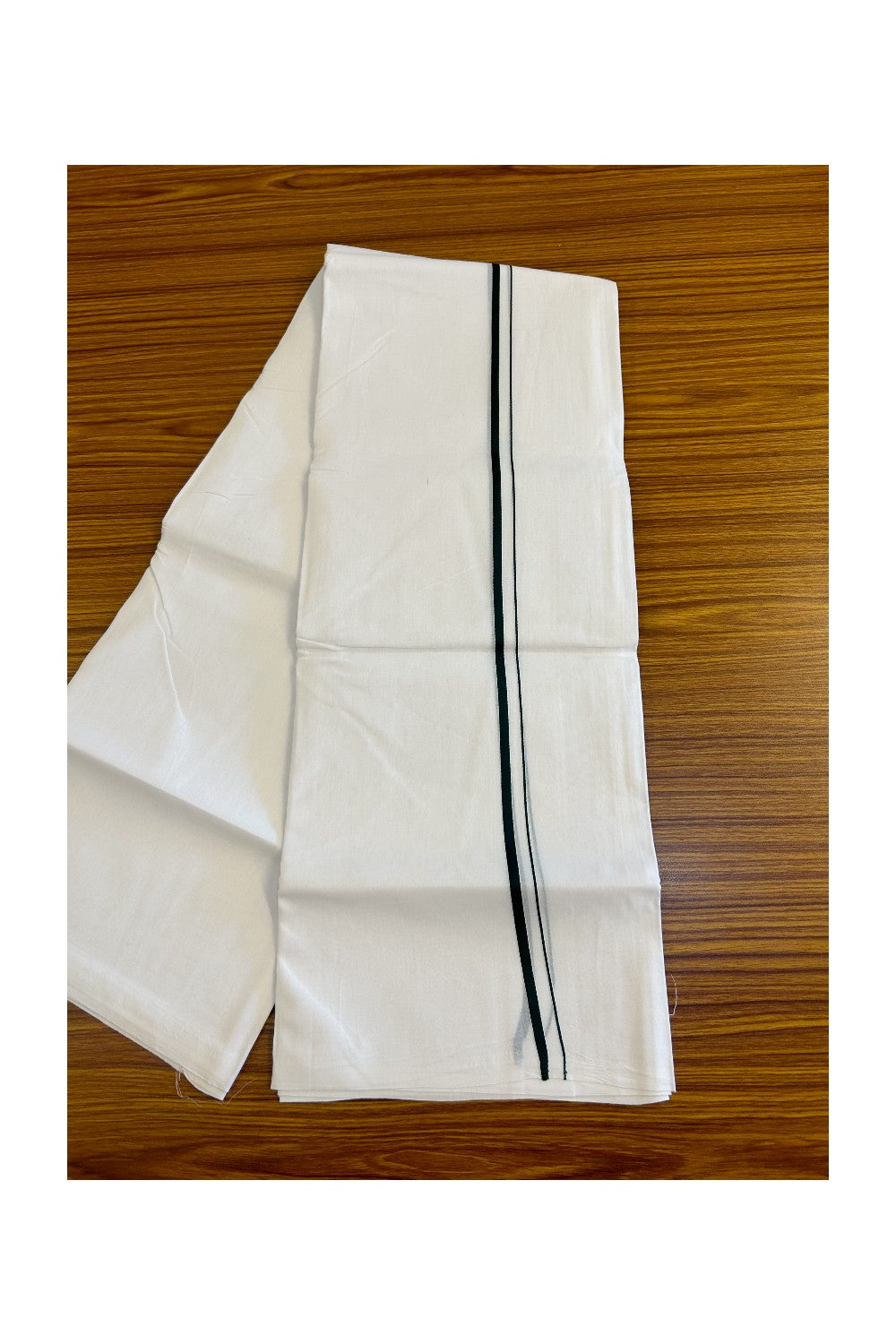 10% DISCOUNT ! KaithariKada Balaramapuram 100% Cotton Double Pure white Mundu/Dhoti-100X100- 1.5 cm Dark Green Kara - 44KK487KK