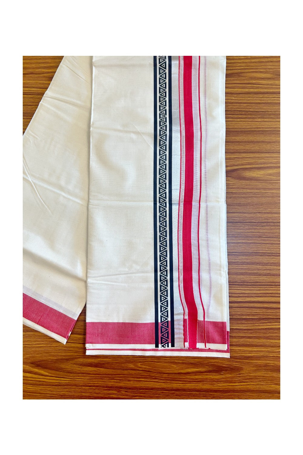 30% Discount !! KaithariKada Balaramapuram 100% Cotto0n Double Off white Mundu/Dhoti-80x72- 3.25 Inch Silver & Red Black pattern printed kara - 44KK416VIN