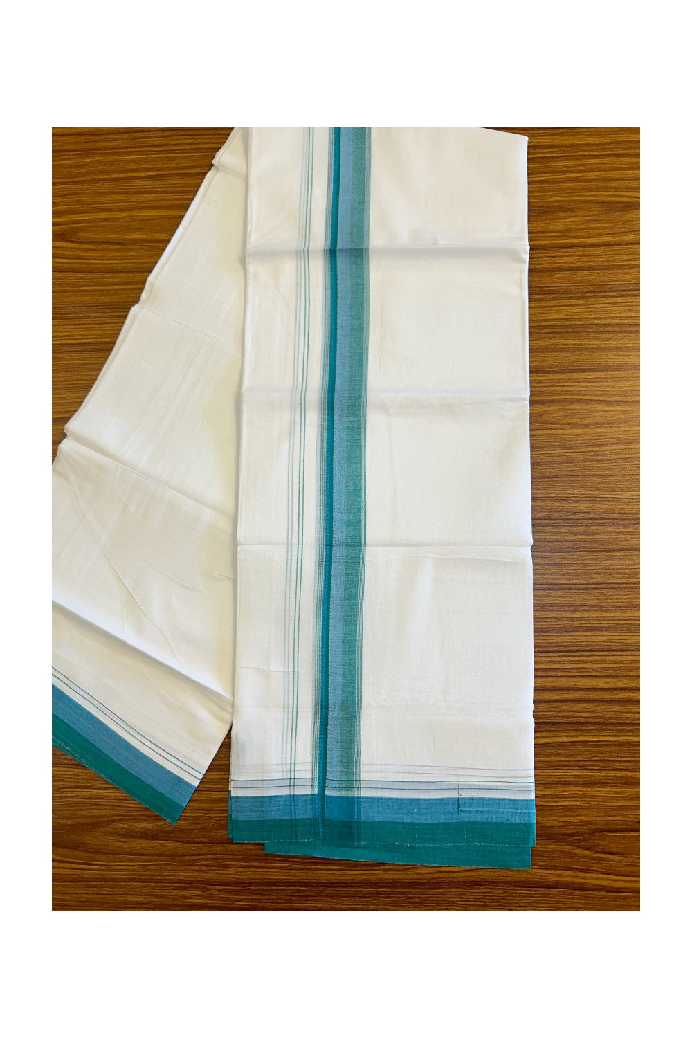 15% DISCOUNT!! Kaitharikada Balaramapuram 100% Cotton Ultra WHITE Double Mundu/Dothi-100x90  2 inch Green + Blue shaded stripes kara - 44KK430VAS