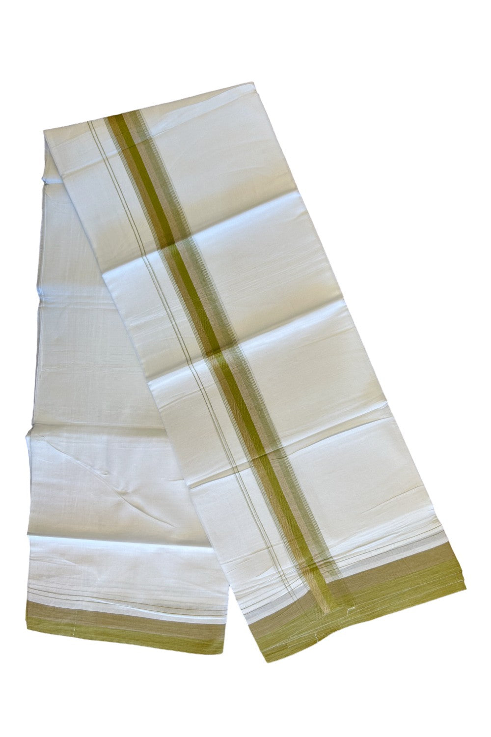 15% DISCOUNT!! Kaitharikada Balaramapuram 100% Cotton Ultra WHITE Double Mundu/Dothi-100x90  2.25 inch Olive Green & Brown shaded stripes kara - 45KK430VAS