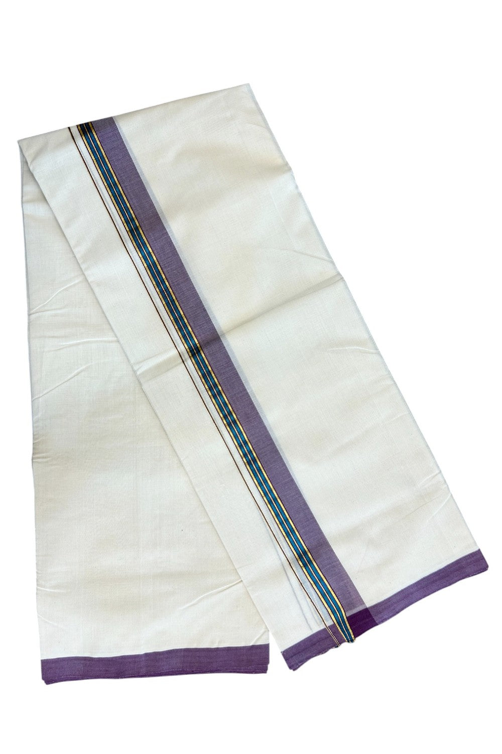 8% DISCOUNT!! KaithariKada HANDLOOM Millpaav Balaramapuram - 100% PURE Cotton OFF White Double - (Unbleached) Mundu/Dothi - 2 inch VIOLET & GOLD KASAVU PEACOCK BLUE Stripes Kara - 45KK5029RAM