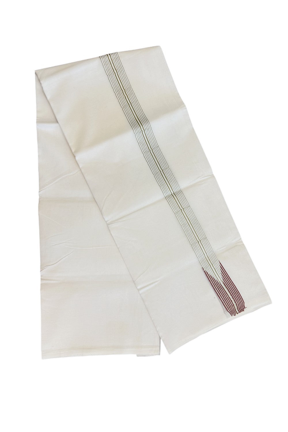 26% DISCOUNT ! KaithariKada Balaramapuram 100% Cotton PURE WHITE Double Dhoti/Mundu-  1.25 inch 12 Line Puliyilakkara Chutty Brown & Silver Kasavu Kara - 45KK5043ASH