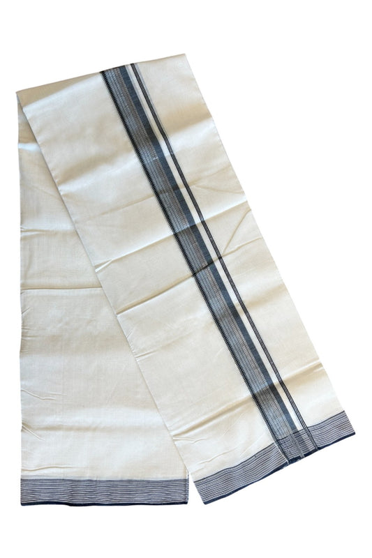 21% DISCOUNT!! KaithariKada HANDLOOM Unakkupaavu Balaramapuram - 100% PURE Cotton OFF White (Unbleached) Double Mundu/Dothi - Silver kasavu Black & white striped kara - 16KK203RAM