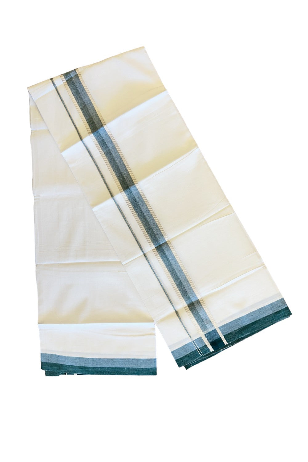 21% DISCOUNT!! Kaitharikada Balaramapuram 100% Cotton Ultra WHITE Double Mundu/Dothi-100x80  2.25 Inch PEACOCK GREEN & BLUE SILVER Striped Cotton Kara - 45KK73VAS