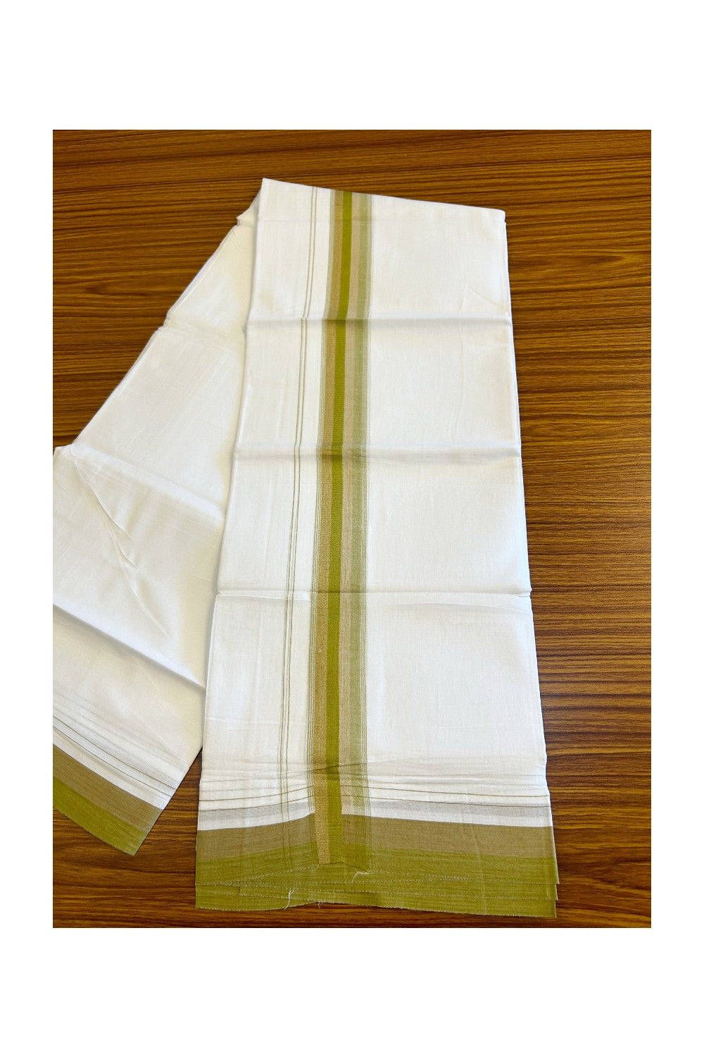 15% DISCOUNT!! Kaitharikada Balaramapuram 100% Cotton Ultra WHITE Double Mundu/Dothi-100x90  2.25 inch Olive Green & Brown shaded stripes kara - 45KK430VAS