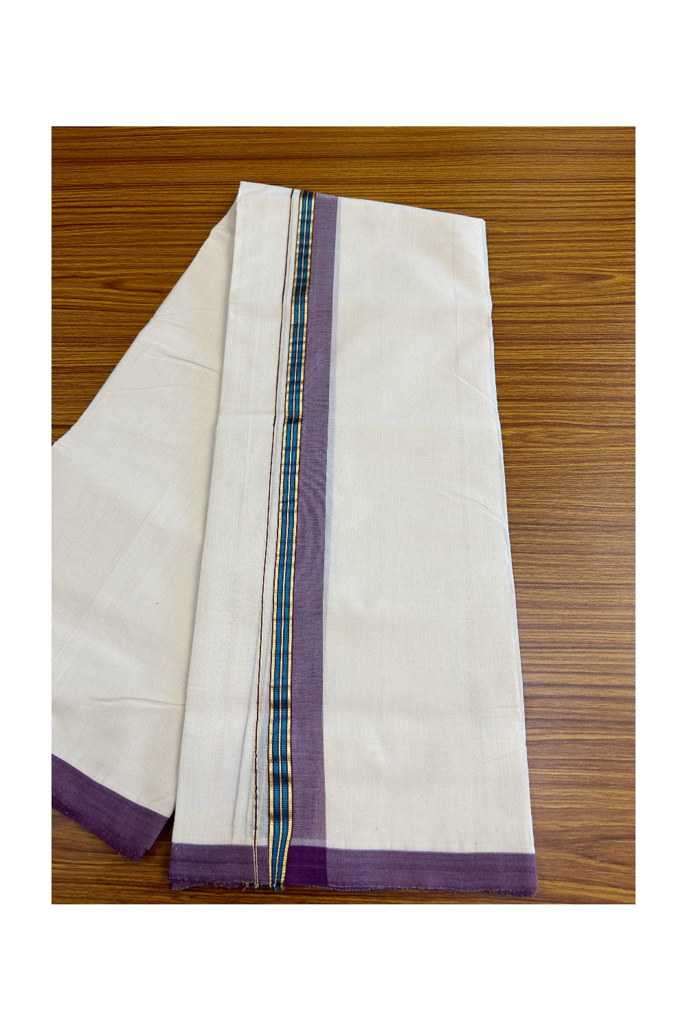 8% DISCOUNT!! KaithariKada HANDLOOM Millpaav Balaramapuram - 100% PURE Cotton OFF White Double - (Unbleached) Mundu/Dothi - 2 inch VIOLET & GOLD KASAVU PEACOCK BLUE Stripes Kara - 45KK5029RAM