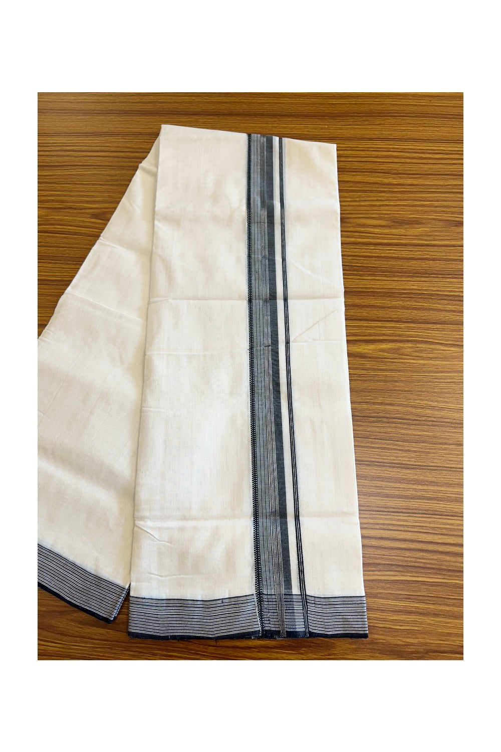 21% DISCOUNT!! KaithariKada HANDLOOM Unakkupaavu Balaramapuram - 100% PURE Cotton OFF White (Unbleached) Double Mundu/Dothi - Silver kasavu Black & white striped kara - 16KK203RAM