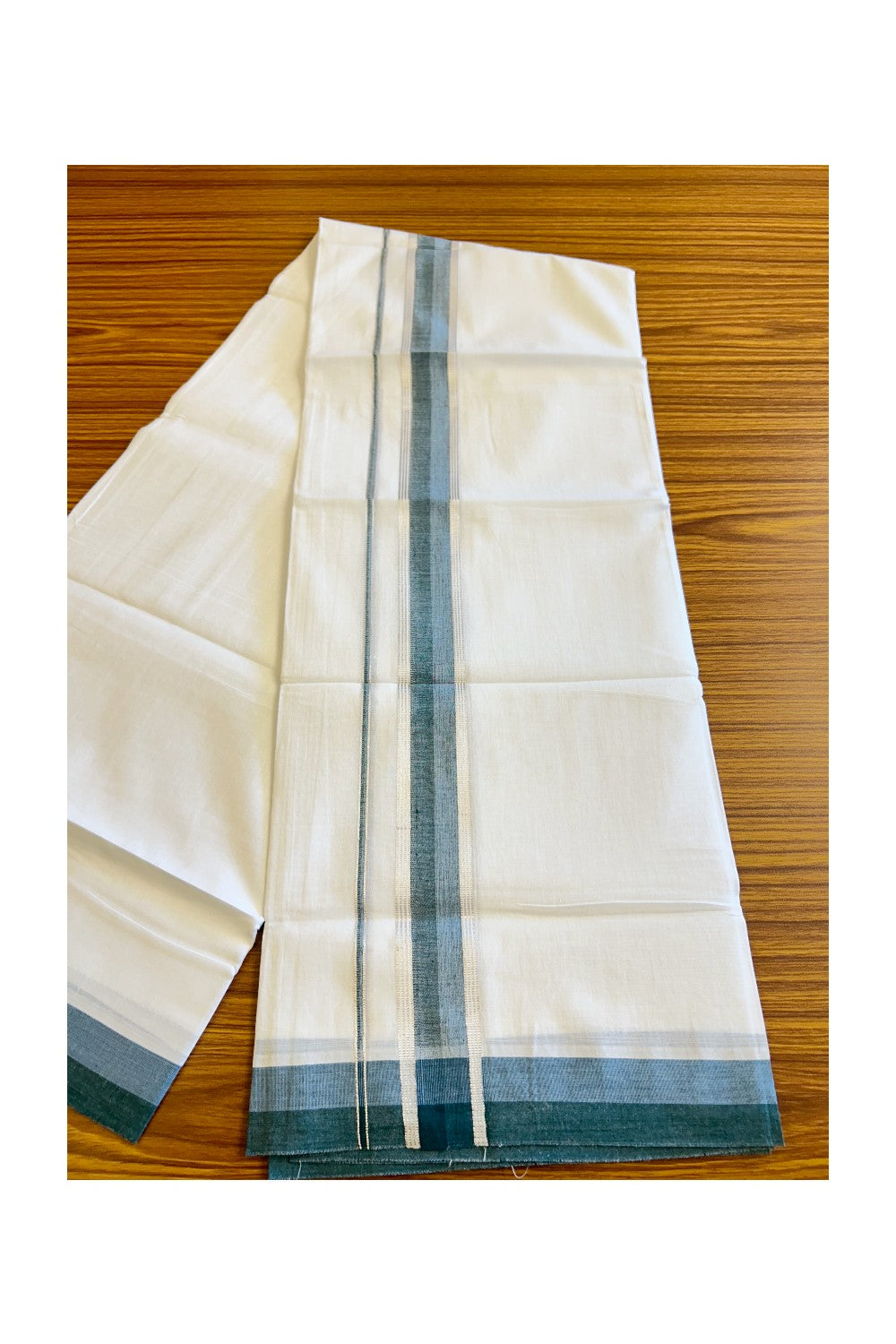 21% DISCOUNT!! Kaitharikada Balaramapuram 100% Cotton Ultra WHITE Double Mundu/Dothi-100x80  2.25 Inch PEACOCK GREEN & BLUE SILVER Striped Cotton Kara - 45KK73VAS