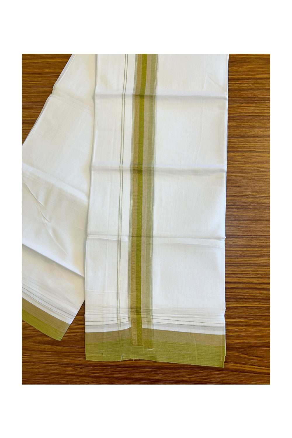 15% DISCOUNT!! Kaitharikada Balaramapuram 100% Cotton Ultra WHITE Double Mundu/Dothi-100x90  2.25 inch Olive Green & Brown shaded stripes kara - 45KK430VAS