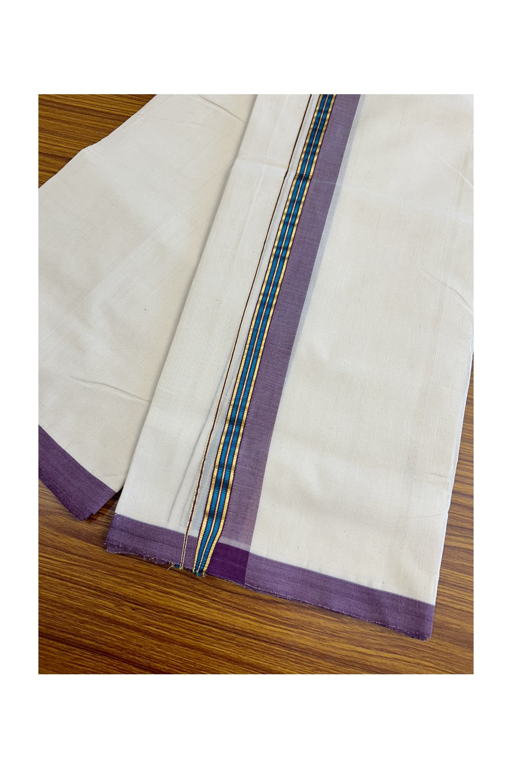 8% DISCOUNT!! KaithariKada HANDLOOM Millpaav Balaramapuram - 100% PURE Cotton OFF White Double - (Unbleached) Mundu/Dothi - 2 inch VIOLET & GOLD KASAVU PEACOCK BLUE Stripes Kara - 45KK5029RAM