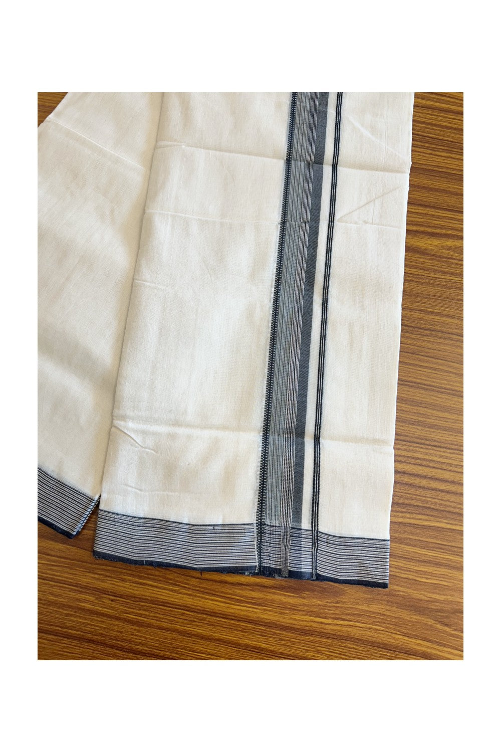 21% DISCOUNT!! KaithariKada HANDLOOM Unakkupaavu Balaramapuram - 100% PURE Cotton OFF White (Unbleached) Double Mundu/Dothi - Silver kasavu Black & white striped kara - 16KK203RAM