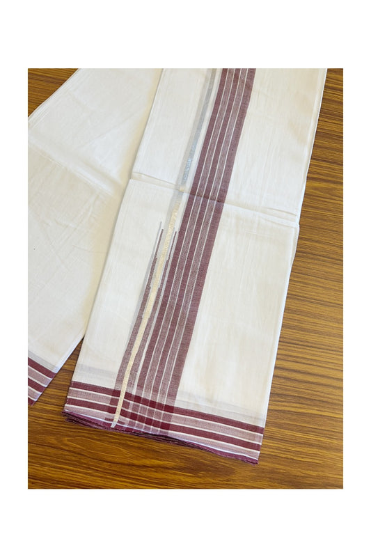 20% DISCOUNT!! Kaitharikada Balaramapuram 100% Cotton PURE WHITE Double Mundu/Dothi - 80X90 - 1.5 Inch Silver Kasav Maroon Stripes Chutty Kara 3.70 m (8 Muzham) - 64KK5115THI