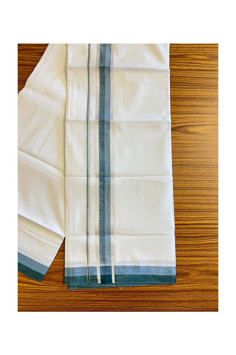 21% DISCOUNT!! Kaitharikada Balaramapuram 100% Cotton Ultra WHITE Double Mundu/Dothi-100x80  2.25 Inch PEACOCK GREEN & BLUE SILVER Striped Cotton Kara - 45KK73VAS