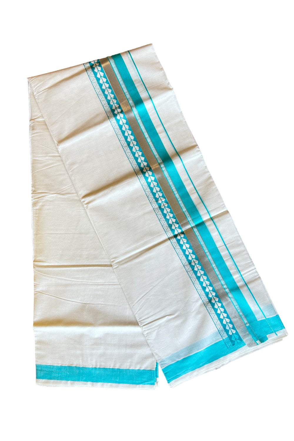 32% Discount !! KaithariKada Balaramapuram 100% Cotton Off white Double Mundu/Dhoti - 80x72 - 3.5 Inch Silver & Turquoise blue pattern printed kara - 46KK470VIN