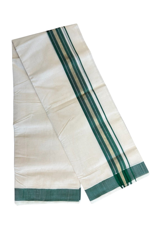 8% DISCOUNT!! KaithariKada HANDLOOM millpaav Balaramapuram - 100% PURE Cotton OFF White - (Unbleached)  Double Mundu/Dothi - 2.75 inch GREEN Gold KASAVU Striped kara - 46KK5029RAM