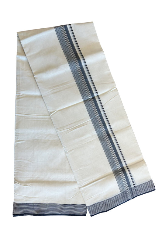 21% DISCOUNT!! KaithariKada HANDLOOM Unakkupaavu Balaramapuram - 100% PURE Cotton OFF White (Unbleached) Double Mundu/Dothi - Silver kasavu Black & white striped kara - 15KK203RAM