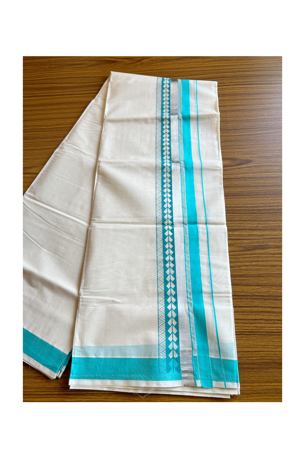 32% Discount !! KaithariKada Balaramapuram 100% Cotton Off white Double Mundu/Dhoti - 80x72 - 3.5 Inch Silver & Turquoise blue pattern printed kara - 46KK470VIN