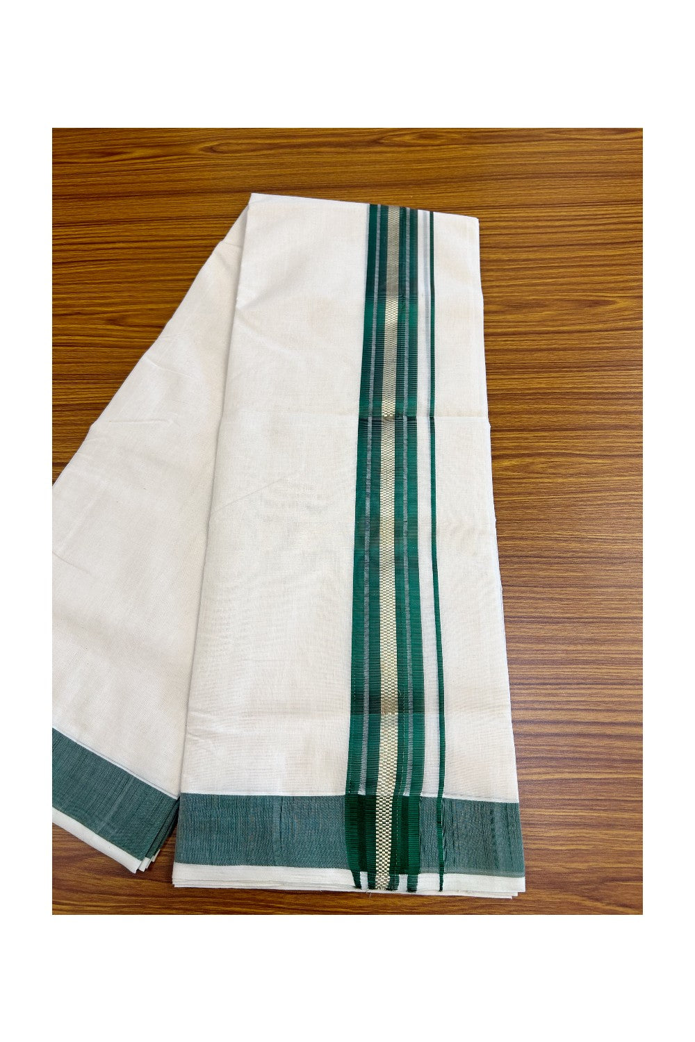 8% DISCOUNT!! KaithariKada HANDLOOM millpaav Balaramapuram - 100% PURE Cotton OFF White - (Unbleached)  Double Mundu/Dothi - 2.75 inch GREEN Gold KASAVU Striped kara - 46KK5029RAM