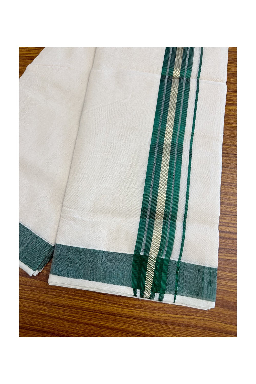 8% DISCOUNT!! KaithariKada HANDLOOM millpaav Balaramapuram - 100% PURE Cotton OFF White - (Unbleached)  Double Mundu/Dothi - 2.75 inch GREEN Gold KASAVU Striped kara - 46KK5029RAM