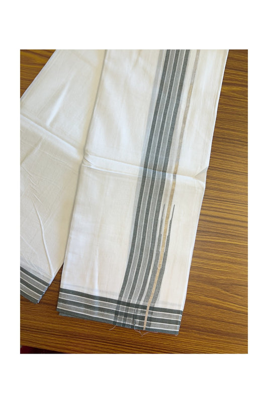 20% DISCOUNT!! Kaitharikada Balaramapuram 100% Cotton PURE WHITE Double Mundu/Dothi - 80X90 - 1.5 Inch Silver Kasav Dark Sage Green Stripes Chutty Kara 3.70 m (8 Muzham) - 65KK5115THI