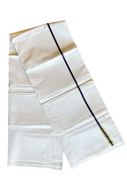 19% DISCOUNT!! KaithariKada Balaramapuram 100% Cotton PURE WHITE Double Mundu/Dhoti-100x100  1.5 cm Navy blue 1 line kasavu Puliyilakkara chutty - 47KK412ASH