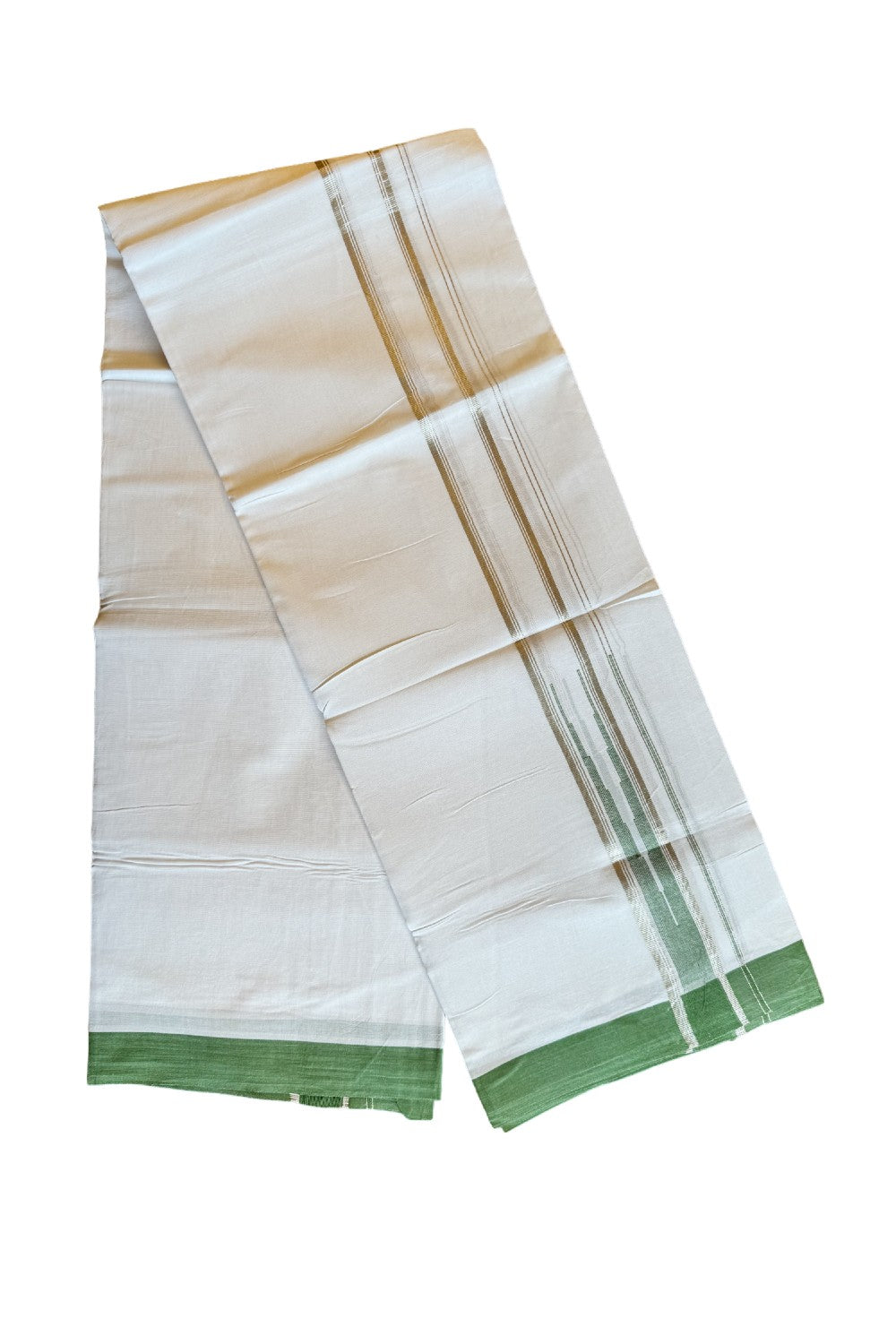 21% DISCOUNT!! Kaitharikada Balaramapuram 100% Cotton PURE WHITE Double Mundu/Dothi-100x100 Puliyilakkara CHUTTY 1.75 Inch Light Green & SILVER STRIPED Cotton Kara - 48KK424CEE