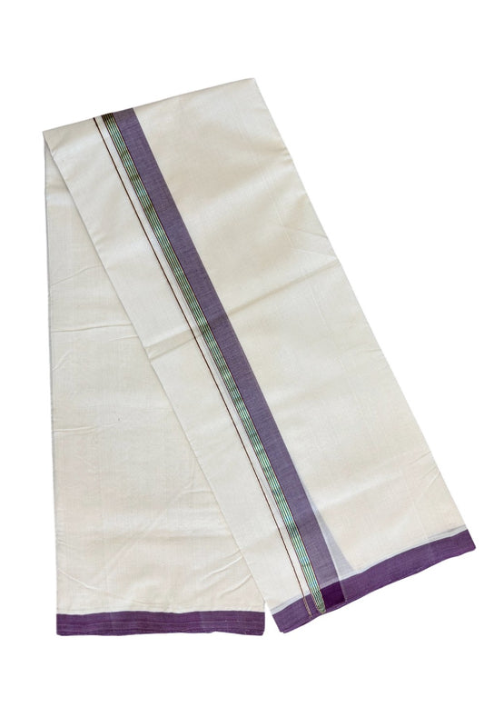 8% DISCOUNT!! KaithariKada HANDLOOM Millpaav Balaramapuram - 100% PURE Cotton OFF White - (Unbleached) Double Mundu/Dothi - 2 inch VIOLET & GOLD KASAVU PEACOCK BLUE Stripes Kara - 47KK5029RAM