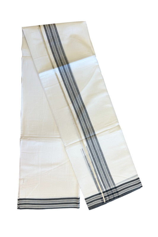 20% DISCOUNT!! Kaitharikada Balaramapuram 100% Cotton PURE WHITE Double Mundu/Dothi - 80X90 - 1.5 Inch Silver Kasav Black Stripes Chutty Kara 3.70 m (8 Muzham) - 66KK5115THI