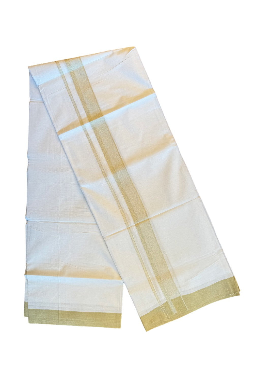 19% DISCOUNT!!! KaithariKada Balaramapuram 100% Cotton Double PURE white Mundu/Dhoti-100x100   2.25 Inch Light olive green shaded  kara  - 47KK83VIN