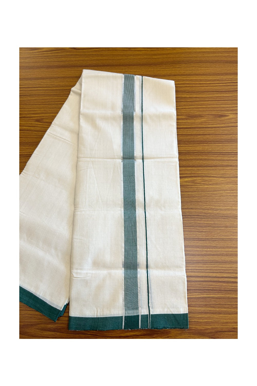 21% DISCOUNT!! KaithariKada HANDLOOM Unakkupaavu Balaramapuram - 100% PURE Cotton OFF White (Unbleached) Double Mundu/Dothi - Silver kasavu white striped green kara - 18KK203RAM