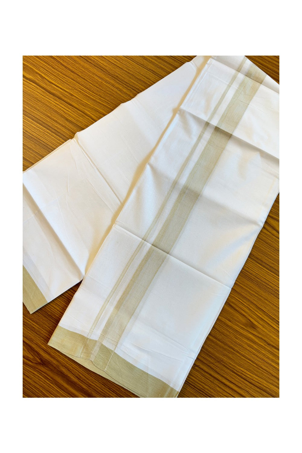 19% DISCOUNT!!! KaithariKada Balaramapuram 100% Cotton Double PURE white Mundu/Dhoti-100x100   2.25 Inch Light olive green shaded  kara  - 47KK83VIN