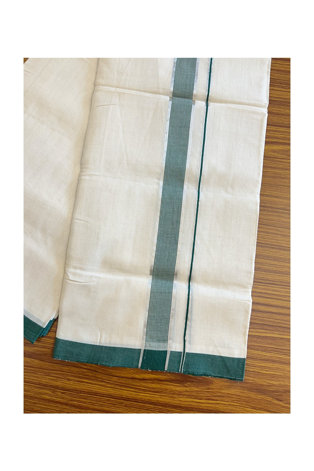 21% DISCOUNT!! KaithariKada HANDLOOM Unakkupaavu Balaramapuram - 100% PURE Cotton OFF White (Unbleached) Double Mundu/Dothi - Silver kasavu white striped green kara - 18KK203RAM