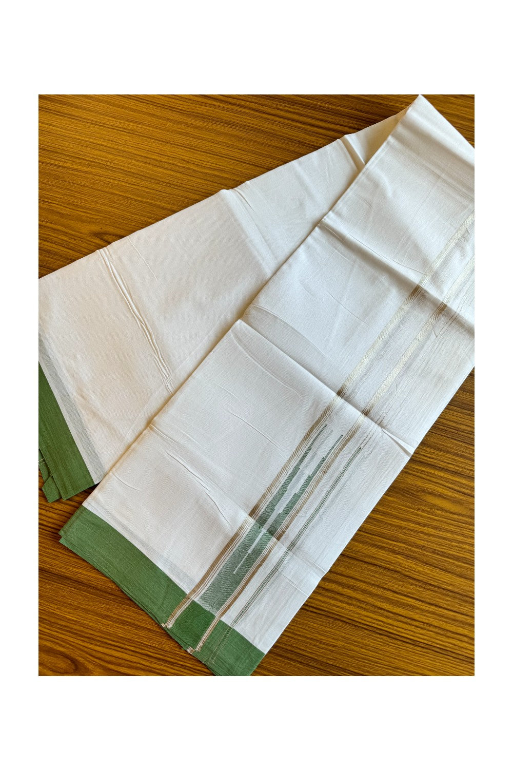 21% DISCOUNT!! Kaitharikada Balaramapuram 100% Cotton PURE WHITE Double Mundu/Dothi-100x100 Puliyilakkara CHUTTY 1.75 Inch Light Green & SILVER STRIPED Cotton Kara - 48KK424CEE