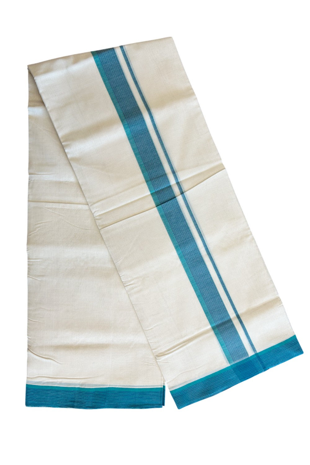 21% DISCOUNT!! KaithariKada HANDLOOM Unakkupaavu Balaramapuram - 100% PURE Cotton OFF White (Unbleached) Double Mundu/Dothi - Blue striped green kara - 20KK203RAM