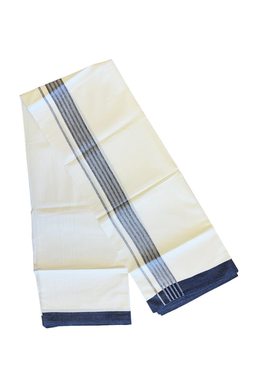 21% DISCOUNT!! Kaitharikada Balaramapuram 100% Cotton Ultra WHITE Double Mundu/Dothi-100x80 NAVY BLUE Striped Cotton Kara - 48KK73VAS